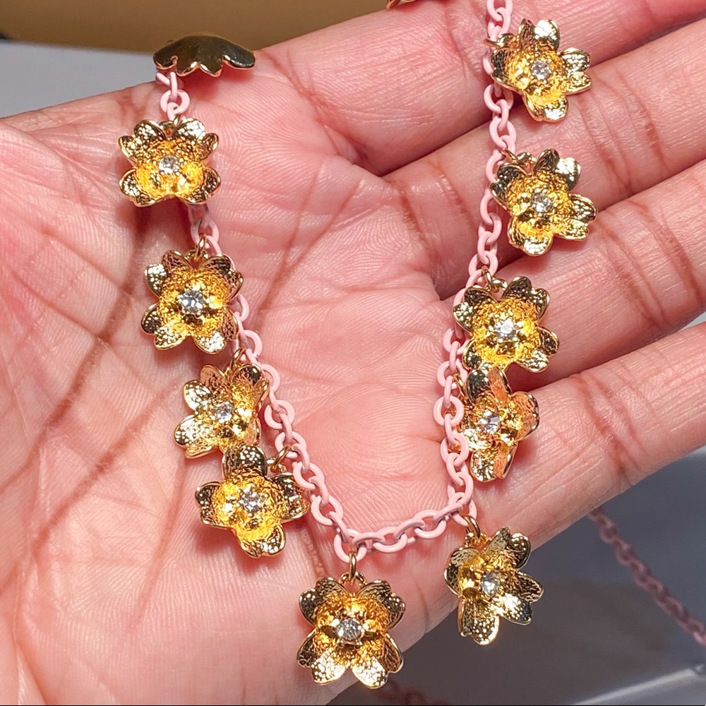 New Carolee Necklace with a Long Pink Chain and Gold Flower Charm Accents - Picture 8 of 11